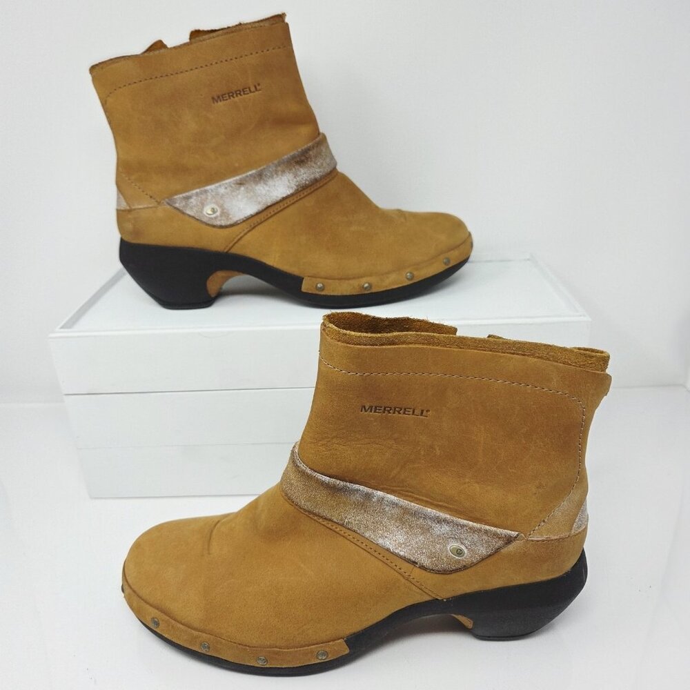 Merrell Luxe Womens 10.5 Boots Mid Ankle Cognac Leather Winter **FLAW**